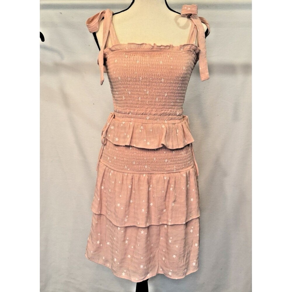 Storia Rose With Stars Tiered Mini Dress‎ Sz M Smocked Tied Straps
